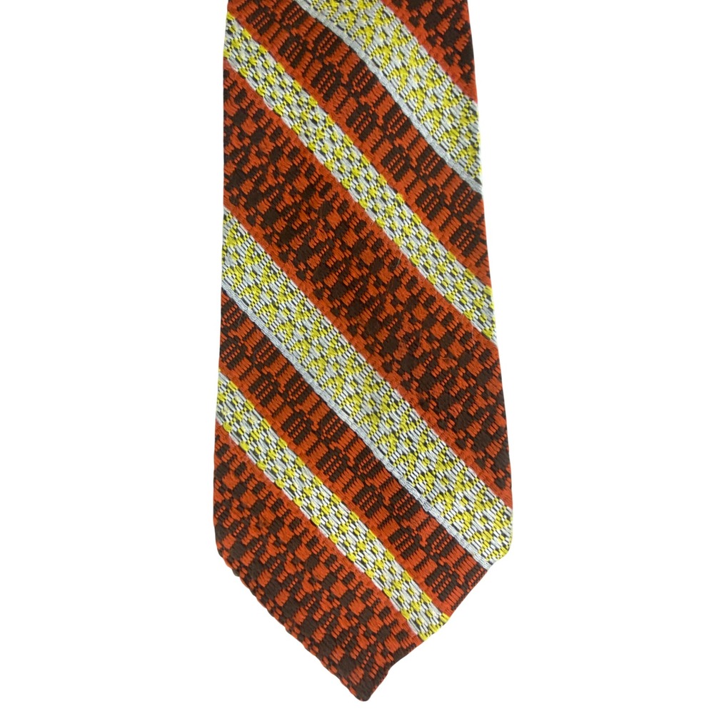 VTG Prince Consort Golden Clasp Tie Mens Rust Orange Yellow Stripe 70s Wide 54x4